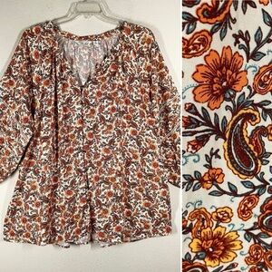 CAFFE MARRAKESH Plus Size Peasant Blouse Balloon Sleeves Floral Button Up 3X